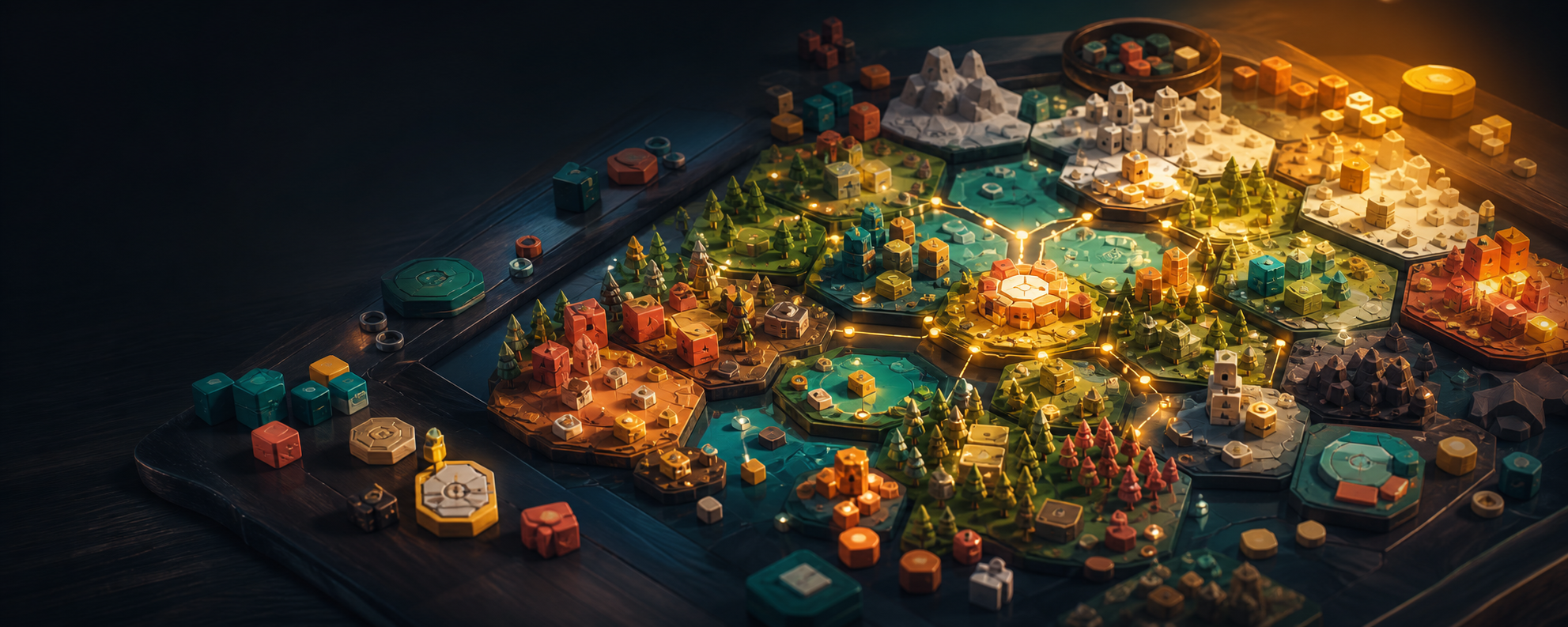A colorful modular strategy game world made from glowing tiles and playful pieces.