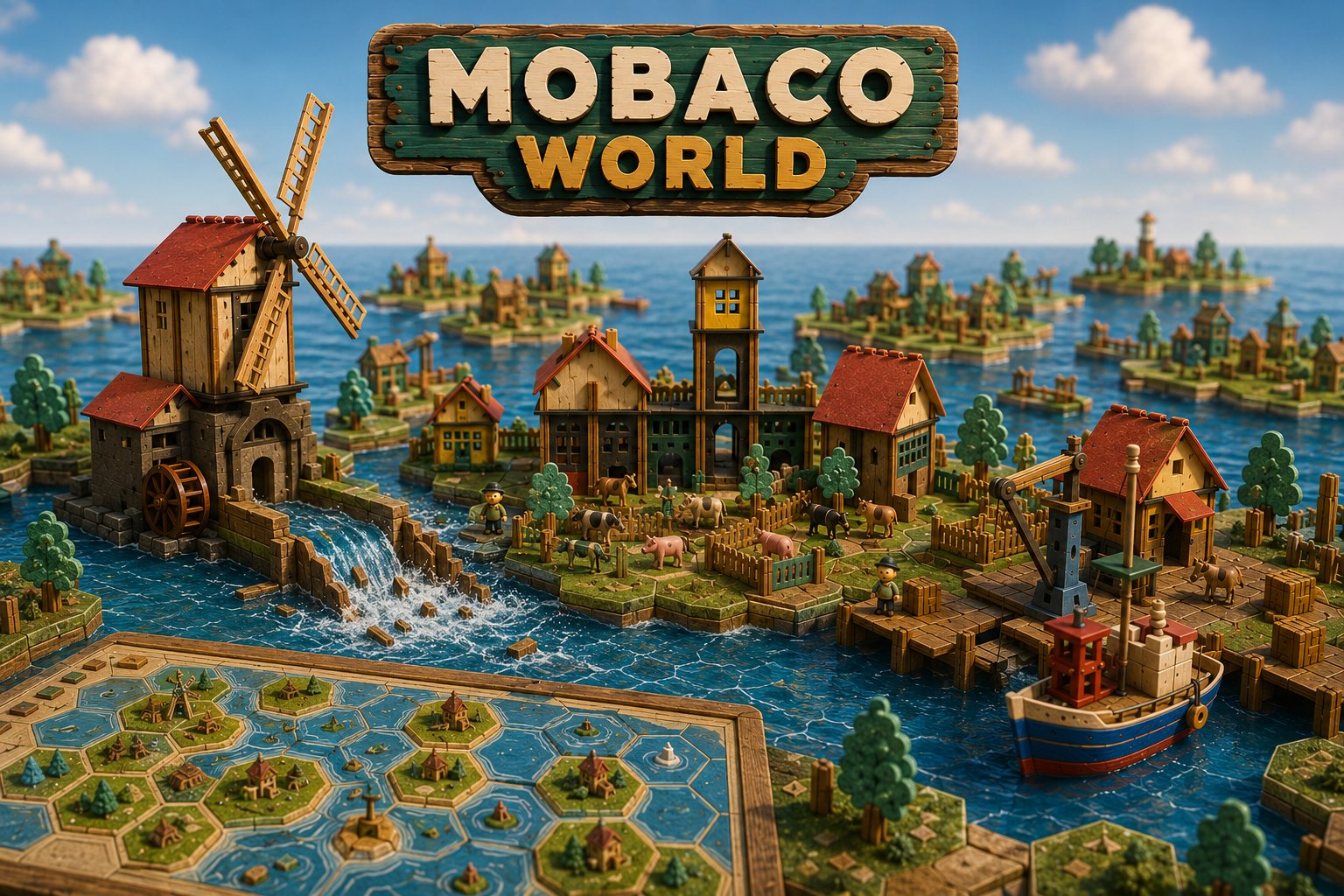 Mobaco World key art with a wooden logo sign above islands, water, windmills, modular buildings, farms, and a harbor.